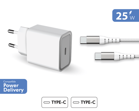Chargeur maison 25W Power Delivery + Câble renforcé USB C/USB C Garanti à vie Blanc Force Power Lite
