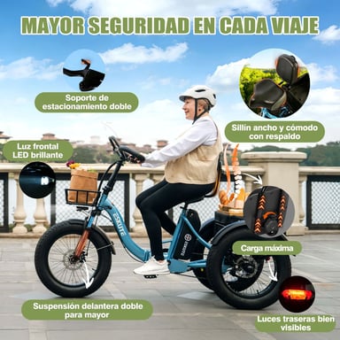 Triciclo eléctrico ESKUTE T302 Pro, 250 W, 48 V 20,8 Ah, con bolsa para teléfono, espejos retrovisores y candado de combinación - Violeta