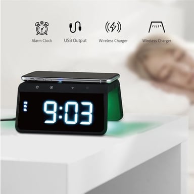 Evelatus WCC01BK Réveil 2 en 1 à grands chiffres avec chargeur sans fil 10 W et lampe couleur RVB Noir