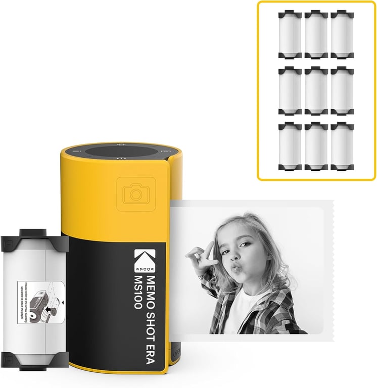 KODAK Memo Shot ERA MS100 Bundle - Imprimante Photo Autocollante + 9 Cartouches - Impression 2.7x1.8 , Bluetooth, Compatible iOS/Android, Impression en 25s, Appli KODAK Memo Incluse - Jaune - Neuf