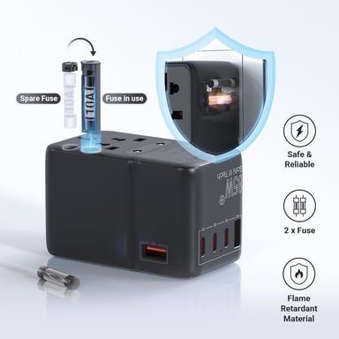 Adaptador de Viaje Universal MINIX TP85 con Puertos PD 85W, Enchufe AC Internacional, 2 Puertos USB-A y 3 Puertos USB-C, Cargador de Viaje Mundial, Compatible con EE. UU., Europa, AU, UK.