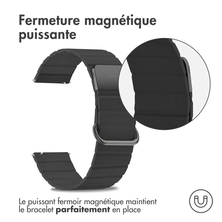 imoshion Bracelet en cuir magnétique - Connexion universelle 22 mm - Noir - Neuf