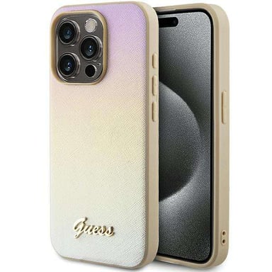 Custodia Guess per iPhone 15 Pro 6.1'' oro Custodia rigida Saffiano Iridescent Script