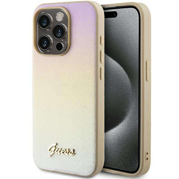 Étui Guess pour iPhone 15 Pro 6.1  or étui rigide Saffiano Iridescent Script - Neuf