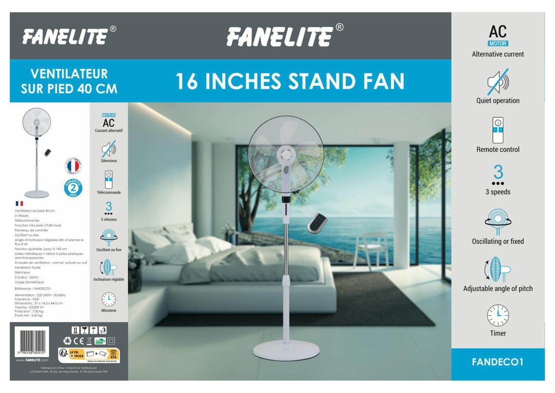 Fanelite Ventilateur sur pied FANDECO1 Hélice 40 cm 3 vitesses Minuterie Télécommande Oscillant ou fixe Silencieux Neuf - vue 3