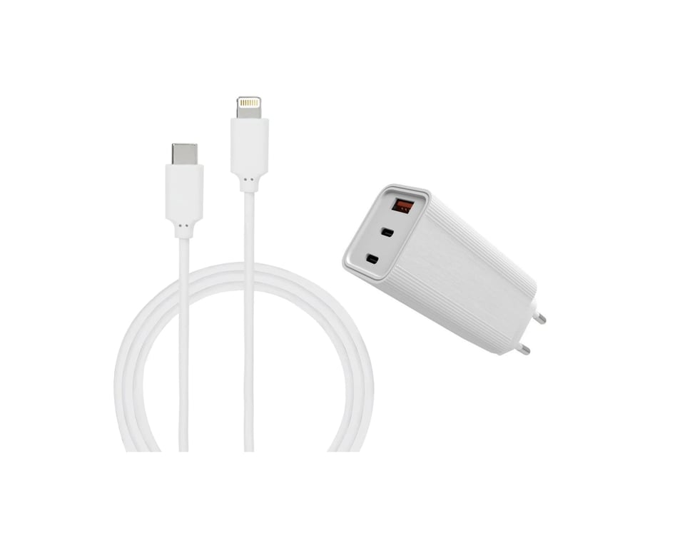 Chargeur secteur ultra-rapide rapide 65W Triple Port avec Câble Lightning  M.F.I APPLE Pour iPhone/iPad - 2M - WTK
