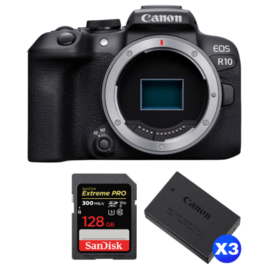 Appareil photo hybride Canon EOS R10 + 1 SanDisk 128GB Extreme PRO UHS-II + 3 Canon LP-E17 + Ebook ''20 astuces pour des images qui claquent''