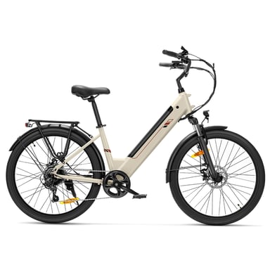 Bicicleta Eléctrica Touroll J2 ST Sand, Motor 250W, batería 36V 15.6Ah autonomía 100km, cuadro bajo urbano, suspensión delantera 60mm, frenos disco mecánico e-freno, pantalla LED IPX4 25 km/h, Shimano 7 velocidades