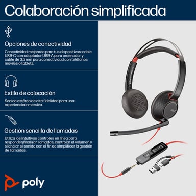 Poly Auriculares Blackwire 5220 estéreo USB-C + conector de 3,5 mm + adaptador USB-C/A (paquete)