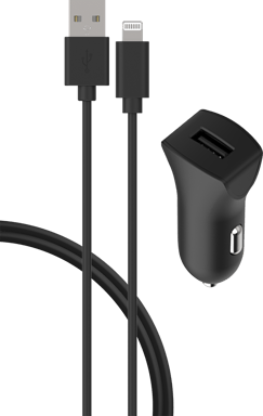 Chargeur voiture 2.4A IC Smart + Câble USB A/Lightning Noir Bigben