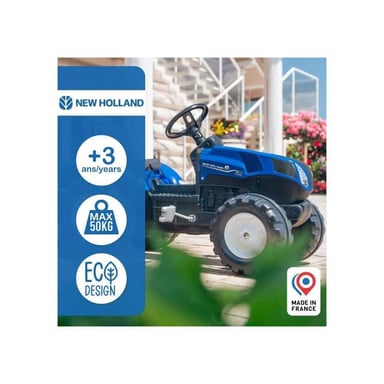 Tracteur à pédales FALK New Holland T8 Volant directionnel, remorque, siège réglable Bleu et noir Fabriqué en France