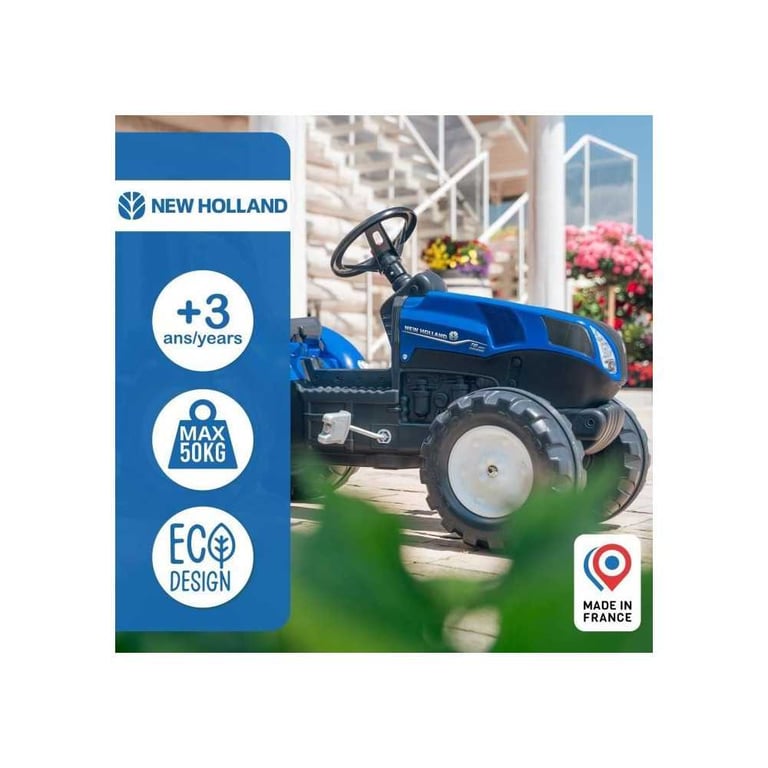 Tracteur à pédales FALK New Holland T8 Volant directionnel, remorque, siège réglable Bleu et noir Fabriqué en France - Neuf