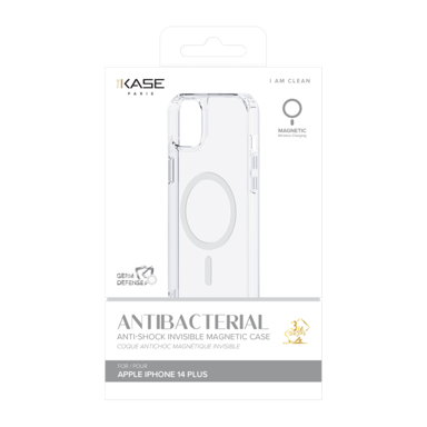 Coque antibactérienne antichoc magnétique invisible pour Apple iPhone 14 Plus, Transparente