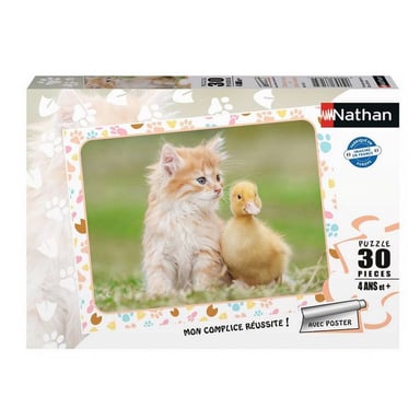Puzzle educativo de 30 piezas: Gatita pelirroja y patito bebé