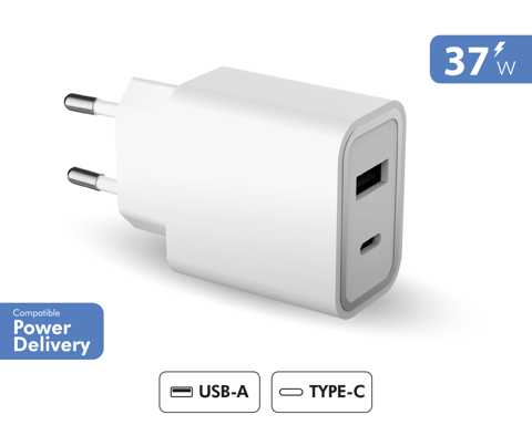 Cargador doméstico doble USB A+C PD 37W (12+25W) Power Delivery Garantía de por vida White Force Power Lite