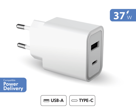 Cargador doméstico doble USB A+C PD 37W (12+25W) Power Delivery Garantía de por vida White Force Power Lite