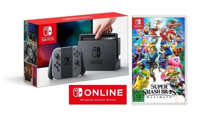 Switch + Super Smash Bros. Ultimate + 3 Months Online console de jeux portables 15,8 cm (6.2'') 32 Go Wifi, Gris