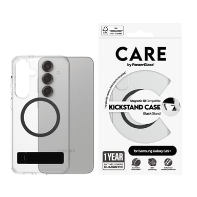 PanzerGlass CARE by ® Feature Case Transparent w. Black Kickstand & Qi Compatible Samsung Galaxy S25+ funda para teléfono móvil Transparente
