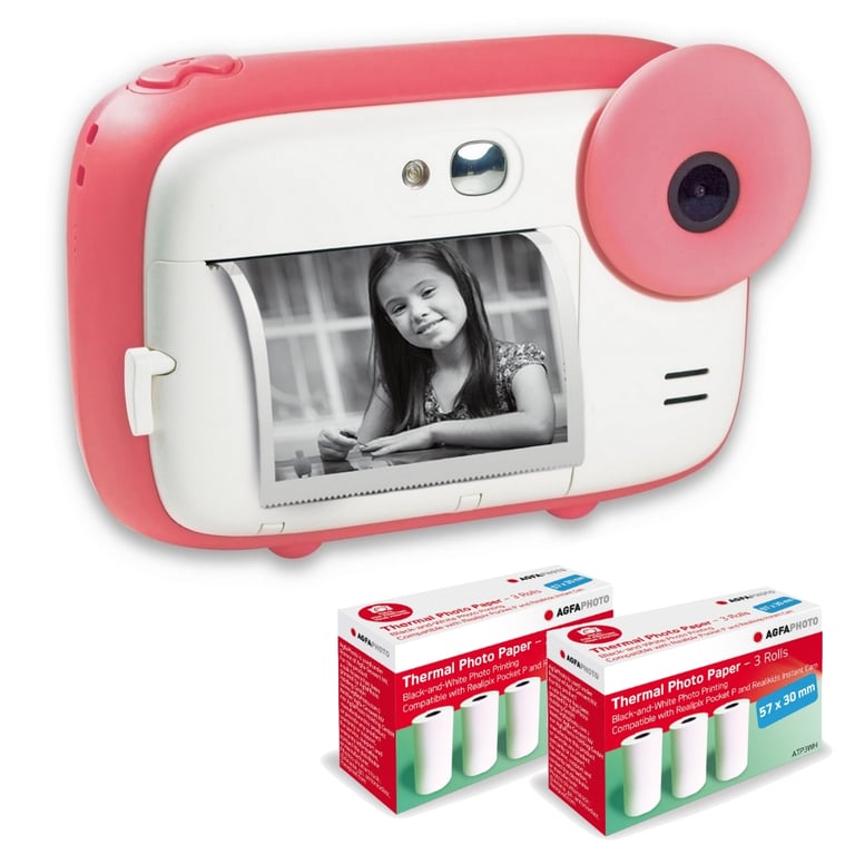 AGFA PHOTO Pack Realikids Instant Cam + 6 rouleaux Papier Thermique ATP3WH  supplémentaires - Appareil Photo Instantané Enfant, Ecran LCD 2,4',  Batterie Lithium, Miroir Selfie et filtre photo - Rose - Agfa Photo