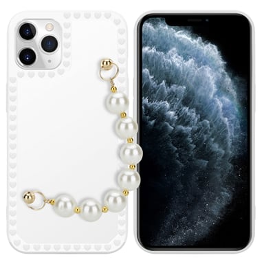 Coque pour Apple iPhone 11 PRO en Blanc avec perles Housse de protection Étui en silicone TPU flexible et avec tour de cou chaîne de poignet