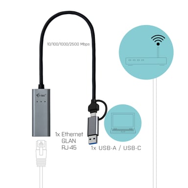 Adattatore Ethernet USB-C/USB-A 2,5Gbps di i-tec Metal