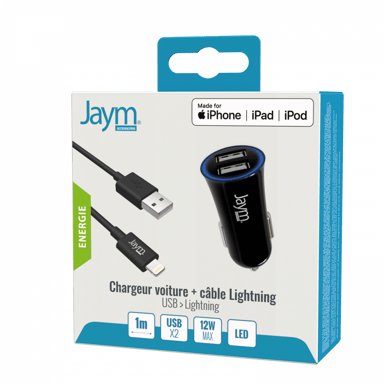 aym - Pack Chargeur Voiture 2 PORT USB 12W + Câble Lightning 1 mètre Compatible Lightning MFI Noir