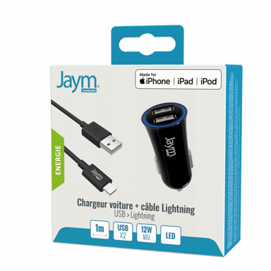 Pack Chargeur Apple / Samsung / Google - Chargeur Voiture 2 PORT USB 12W + Câble Lightning 1 mètre Compatible Lightning MFI Noir