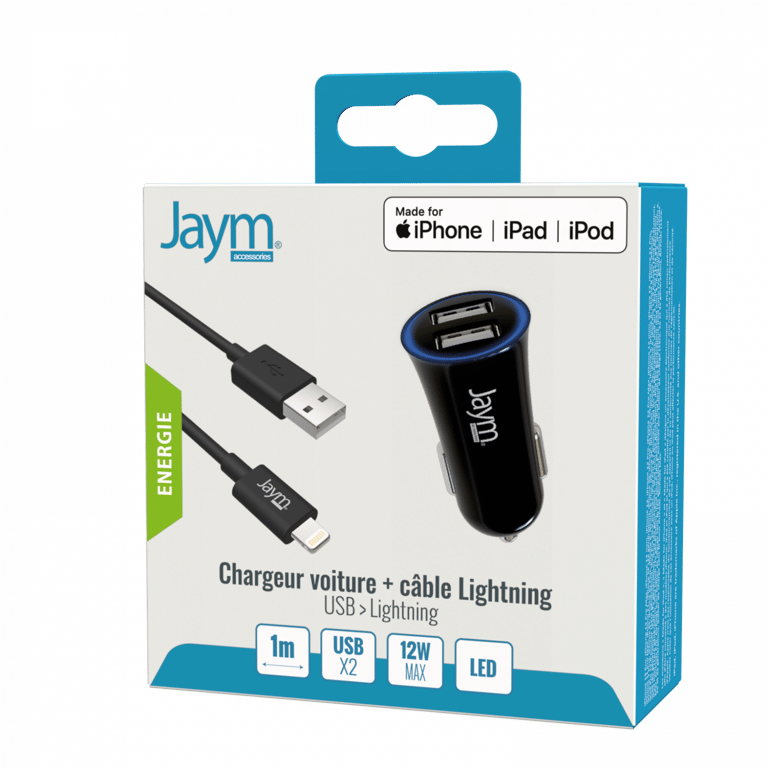 Pack Chargeur Apple / Samsung / Google Chargeur Voiture 2 PORT USB + Câble Lightning 1 mètre Compatible Lightning MFI Neuf
