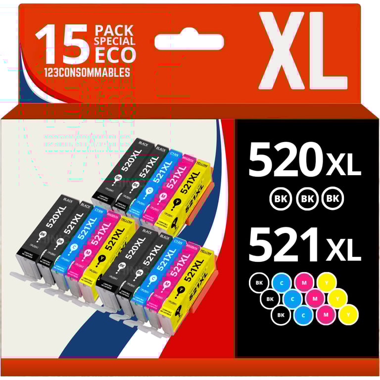 123CONSOMMABLES PGI 520 CLI 521 Cartouches d'encre compatibles pour Canon Pixma IP3600 IP4600 IP4600X IP4700 MP540 MP550 MP560 MP620 MP630 MP640 MP640R MP980 MP990 MX860 MX870 Lot de 10 Neuf - vue 2