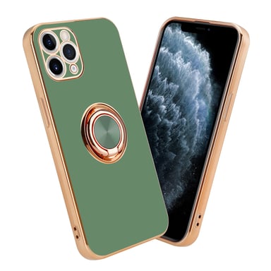 Coque pour Apple iPhone 11 PRO en Glossy Vert Clair - Or avec anneau Housse de protection Étui en silicone TPU flexible, avec protection pour appareil photo et support voiture magnétique