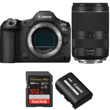 Appareil photo hybride Canon EOS R5 Mark II + RF 24-240mm f/4-6.3 IS USM + 1 SanDisk 512GB Extreme PRO UHS-II + 1 Canon LP-E6P + Ebook ''20 astuces pour des images qui claquent''