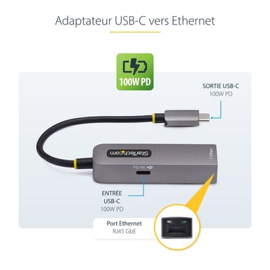 StarTech.com Adaptateur USB-C vers Ethernet, NIC, 100W PD Pass-Through, Adaptateur Réseau USB 3.0 Type-C 1Gbps Multi Speed, Compatible Thunderbolt, Windows & Mac