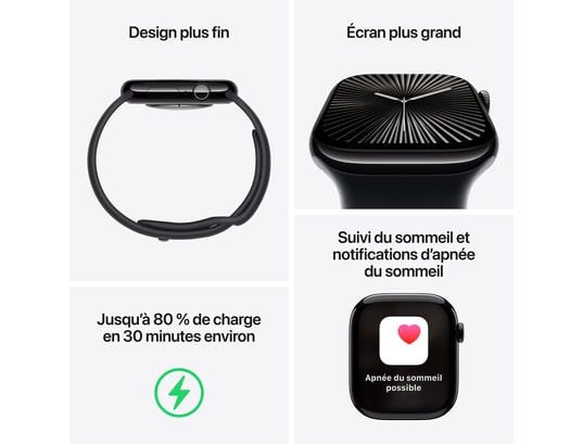 Apple Watch Series 10 (2024) GPS + Cellular, Boitier Noir de 42mm avec bracelet Caoutchouc S/M, Noir - Bon état