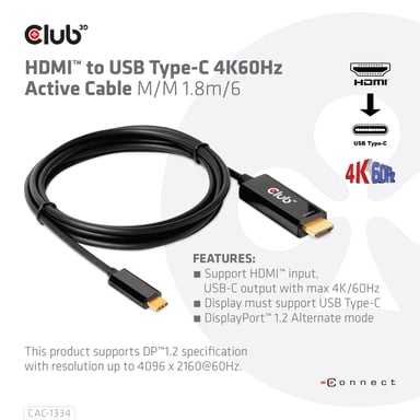 CLUB3D CAC-1334 cavo video e adattatore 1,8 m HDMI tipo A (standard) USB tipo C