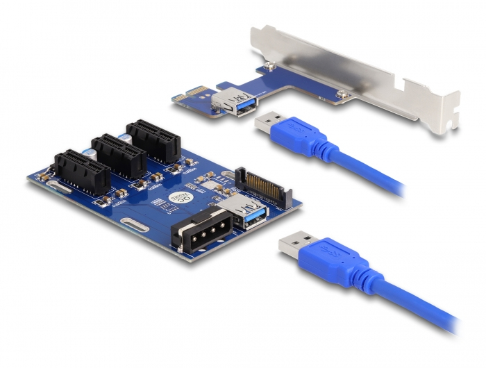 Delock Carte Riser 41442 PCIe x1 vers 3x PCIe x1 câble USB 50 cm SATA