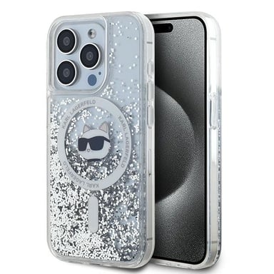 Custodia Karl Lagerfeld per iPhone 15 Pro 6.1'' custodia rigida trasparente Liquid Glitter Choupette Head Magsafe