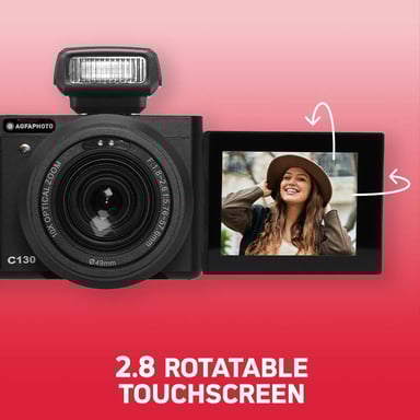 AgfaPhoto Realishot C130 – Appareil Photo Numérique Compact 16 MP avec Capteur CMOS, Écran Tactile LCD 2,8'', Stabilisation d'Image, Autofocus, Zoom, Batterie Rechargeable + Carte SD 64Go + Étui – Noir