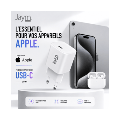 JAYM Cargador de pared USB-C 35w rápido y potente para Apple iPhone 17/16/15/14/13/12/11
