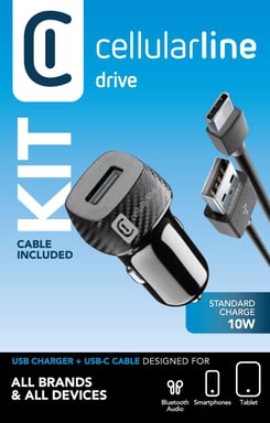 Cellularline USB Car Charger 10W - USB-C Chargeur de voiture de 10 W avec câble USB-C