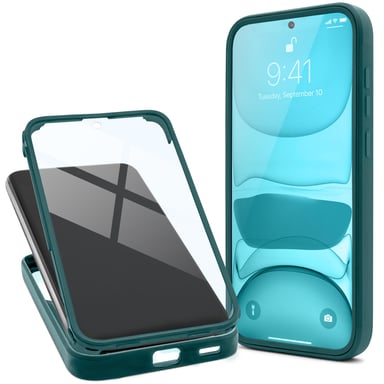 Moozy Coque 360 pour Samsung A53 5G - Coque transparente à bord vert, protection intégrale double face, coque avec protecteur d'écran intégré