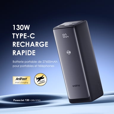 oraimo PowerJet 130 – Batterie externe 27 600mAh, charge rapide 130W, écran LED, triple port de sortie
