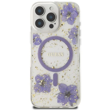 Étui Guess Resin Flowers MagSafe pour iPhone 16 Pro Max violet