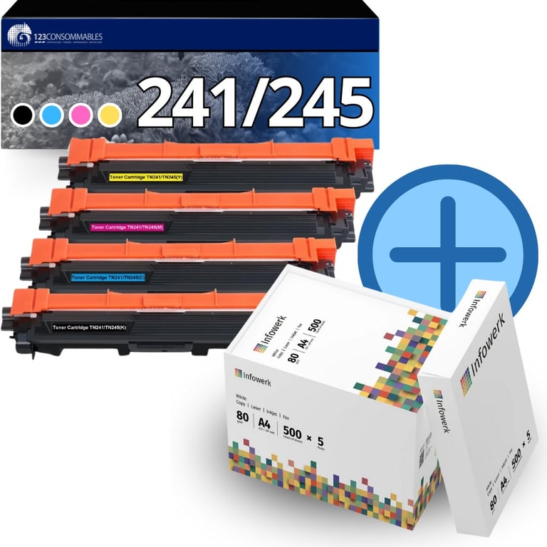 Pack 4 Toners compatible BROTHER TN 241TN 245 + 5 ramettes de papier A4 Neuf