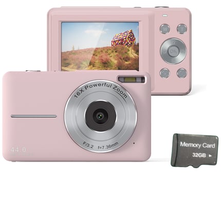 Appareil photo numérique 44MP/1080P avec zoom 16X, illumination et carte 32 Go Pink