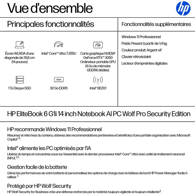 HP AD4E5ET laptop Intel Core Ultra 7 35 6 cm 14 WUXGA DDR5 SDRAM Wi Fi 7 802.11be Neuf - vue 3