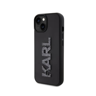 Custodia per iPhone 15 Plus in gomma 3D con logo Karl glitterato