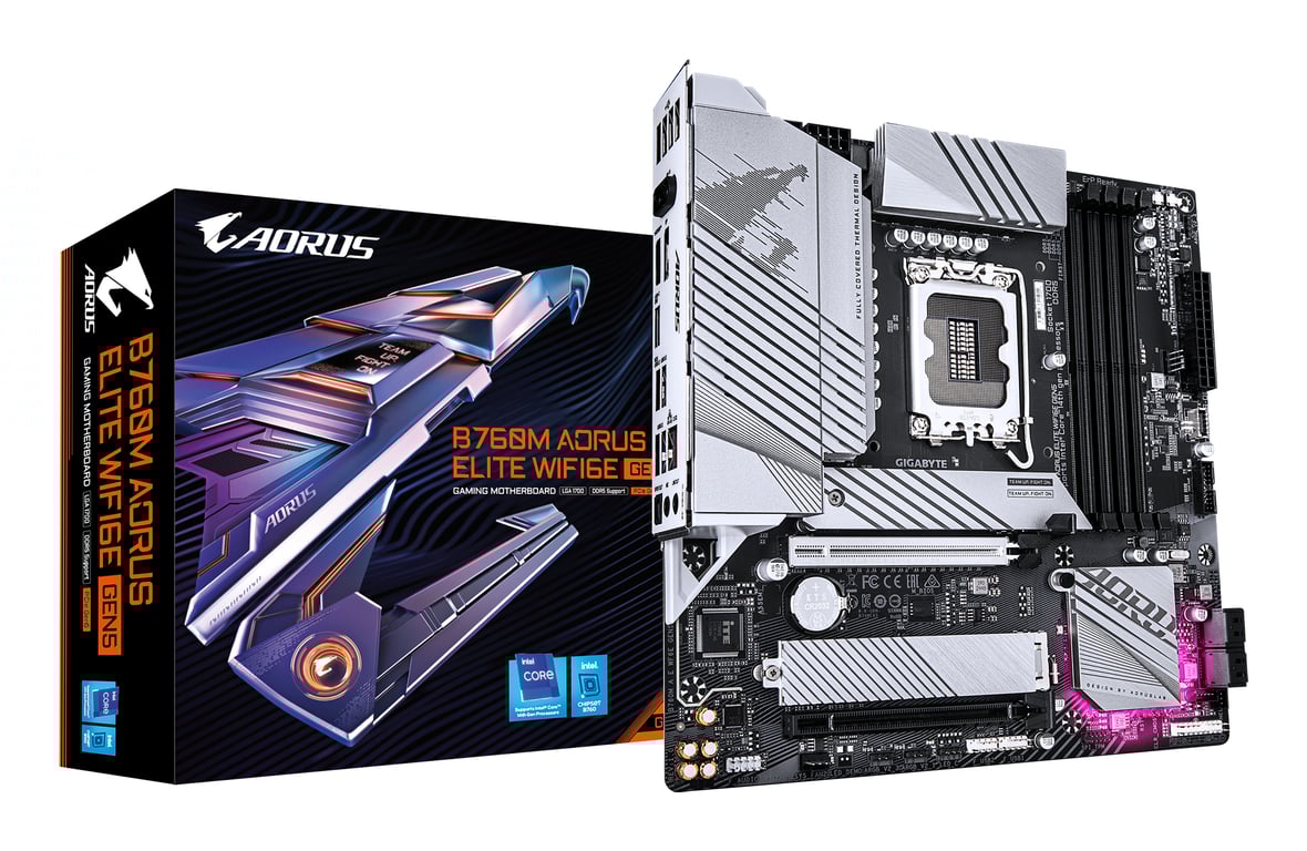 GIGABYTE B760M AORUS ELITE WIFI6E GEN5 Carte Mère – Compatible avec les processeurs Intel Core 14e génération VRM numérique 12+1+1 phases jusqu'à 5600 MHz DDR5 2 x .2 PCIe 4.0 Wi Fi 6E LAN 2.5 GbE USB 3.2 Gen 2x2 Neuf