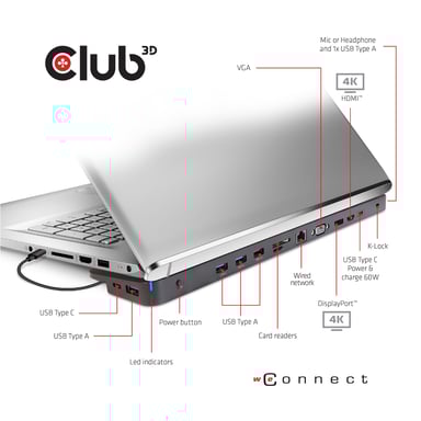 CLUB3D CSV-1564W100 base para portátil y replicador de puertos Acoplamiento USB 3.2 Gen 1 (3.1 Gen 1) Type-C Negro