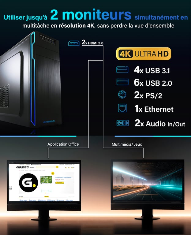 Greed V2 Office PC / Ordinateur de bureau Intel Core i7 Home Office Tour Computer avec DDR4 RAM 4 8 GHz SSD DVD+RW USB 3.1 WiFi Windows 11 Pro Neuf - vue 3