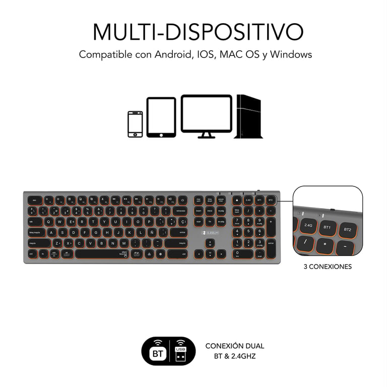 Clavier Universel SUBBLIM SUBKB-3MIE300 – RF Sans Fil + Bluetooth, QWERTY Espagnole - vue 5